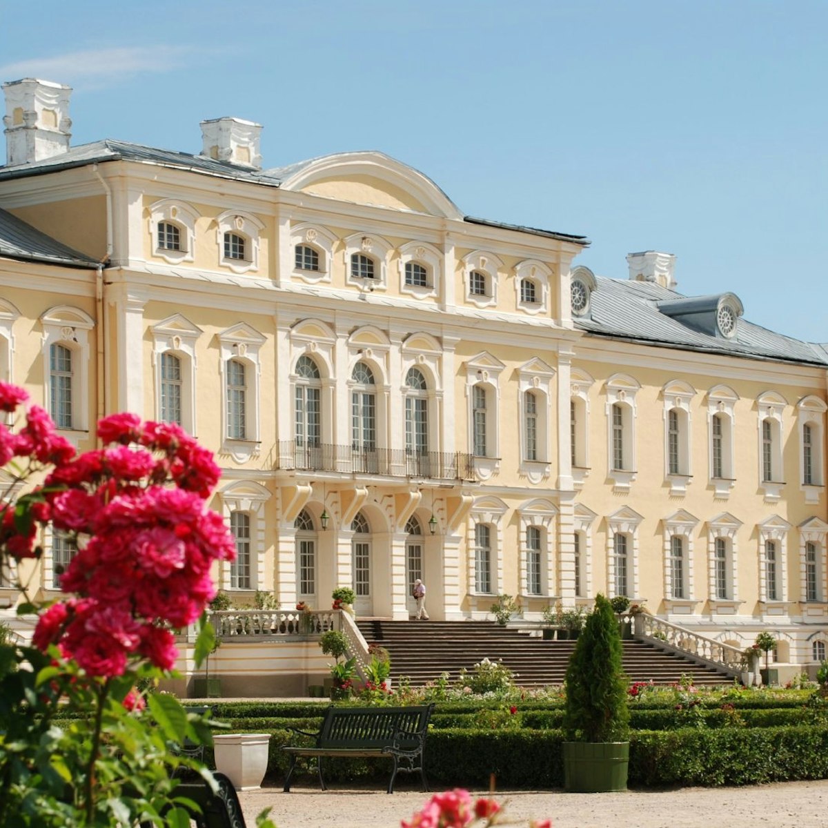 Rundale Palace is one of the most outstanding monuments of Baroque and Rococo art in Latvia. www.rundale.net
Beautiful roses and Baroque - Rococo style palace in background - stock photo